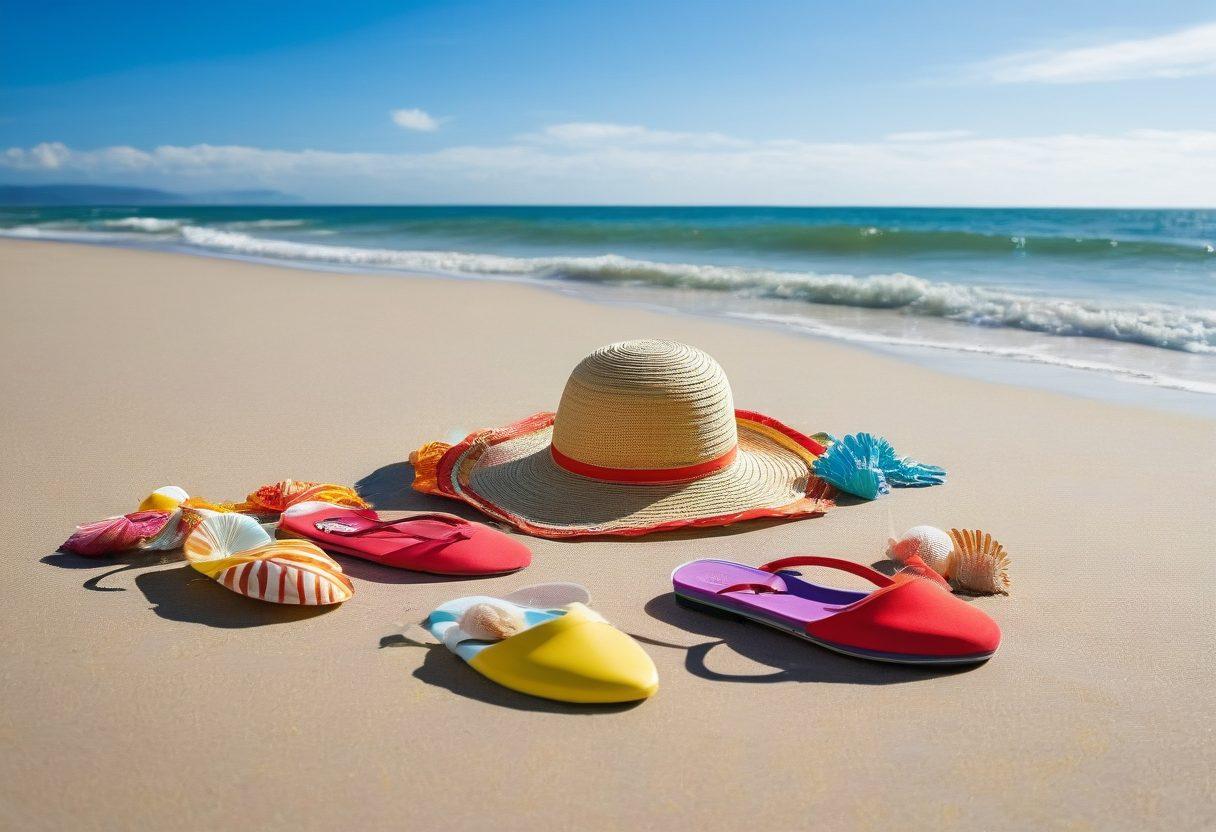 A vibrant summer beach scene showcasing an array of stylish beach outfits laid out on a sandy shore, featuring colorful swimsuits, lightweight cover-ups, sun hats, and flip-flops. Include a sunny sky, calm blue ocean waves, and playful beach toys in the background. Bright flowers and seashells scattered around for added detail. ultra-vivid colors. realistic. summer vibes.